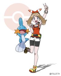 Rule 34 | 1girl, :d, absurdres, arm up, armpits, bike shorts, bow hairband, bracelet, breasts, brown hair, clenched hand, commentary request, creatures (company), eyelashes, fanny pack, game freak, gen 3 pokemon, grey eyes, hairband, hand up, highres, jewelry, leg up, may (pokemon), medium hair, mudkip, nintendo, open mouth, poke ball symbol, pokemon, pokemon (creature), pokemon oras, red hairband, red shirt, shirt, shoes, shorts, sleeveless, sleeveless shirt, smile, standing, standing on one leg, teeth, tellzeta, tongue, upper teeth only, v, white shorts, yellow bag, yellow footwear