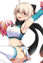 Rule 34 | 1girl, alternate costume, arm up, armpits, ass, bare shoulders, black gloves, black scarf, black thighhighs, blonde hair, blush, bouncing breasts, breasts, cheerleader, commentary request, covered erect nipples, earrings, elbow gloves, fate/grand order, fate (series), gloves, green eyes, hair between eyes, hair ornament, half updo, hands up, horosuke, jewelry, koha-ace, large breasts, long hair, looking at viewer, midriff, miniskirt, navel, okita souji (fate), okita souji (koha-ace), open mouth, pom pom (cheerleading), ponytail, scarf, shinsengumi, shiny skin, simple background, skirt, smile, solo, sweat, thighhighs, wet, wet clothes, white background