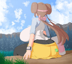 Rule 34 | 1girl, alternate breast size, ass, bag, black pantyhose, breasts, brown hair, cloud, cloudy sky, condom, condom packet strip, condom wrapper, creatures (company), curvy, double bun, forest, from behind, game freak, hair bun, highres, huge ass, huge breasts, long hair, miniskirt, mountain, nature, nintendo, pantyhose, pokemon, pokemon bw2, rosa (pokemon), shoulder bag, sitting, skirt, sky, solo, thighs, twintails, very long hair, watch, wide hips, woomochi, wristwatch