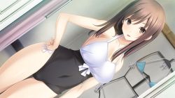 Rule 34 | 1girl, bare shoulders, breasts, brown eyes, brown hair, cameltoe, cleavage, game cg, hand on own hip, haru kiss, large breasts, legs, long hair, looking at viewer, mikoto akemi, shiraishi aoi, smile, solo, standing, swimsuit, thighs
