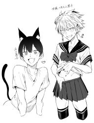 Rule 34 | 2boys, animal ear fluff, animal ears, blush, cat boy, cat ears, cat tail, clothes pull, crossdressing, grin, highres, looking at viewer, monochrome, multiple boys, navel, open mouth, school uniform, serafuku, skirt, smile, tagme, tail, thighhighs, trap, tsukumo nikyu, v-neck