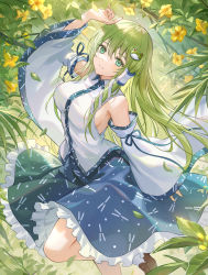 Rule 34 | 1girl, bare shoulders, blue skirt, blush, breasts, brown footwear, closed mouth, detached sleeves, flower, frilled skirt, frills, frog hair ornament, green eyes, green hair, hair between eyes, hair ornament, japanese clothes, kochiya sanae, large breasts, lazuri7, long hair, nontraditional miko, shoes, skirt, smile, snake hair ornament, solo, touhou, white sleeves, wide sleeves, yellow flower