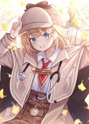 Rule 34 | 1girl, adjusting clothes, adjusting headwear, arm behind head, arms up, blonde hair, blue eyes, blush, collared shirt, dodon gadon, grin, highres, hololive, hololive english, lips, long sleeves, looking at viewer, necktie, parted lips, red necktie, shirt, short hair, smile, solo, stethoscope, teeth, tweed, virtual youtuber, watson amelia, white shirt