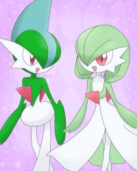 Rule 34 | 1boy, 1girl, absurdres, argyle, argyle background, argyle clothes, arms at sides, artist name, blue hair, bob cut, colored skin, creatures (company), eye contact, flat chest, gallade, game freak, gardevoir, gen 3 pokemon, gen 4 pokemon, green hair, green skin, hair over one eye, happy, highres, looking at another, meru (mer milky77), mohawk, multicolored hair, multicolored skin, nintendo, one eye covered, open mouth, pokemon, pokemon (creature), purple background, red eyes, short hair, signature, simple background, smile, sparkle, standing, twitter username, two-tone hair, two-tone skin, walking, white skin