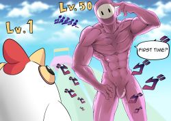 Rule 34 | 1boy, abs, absurdres, bird, bodysuit, bulge, chicken, cloud, cloudy sky, commentary, day, english text, fall guy, fall guys, highres, looking at viewer, male focus, muscular, navel, outdoors, pink bodysuit, redsnovv, shadow, sky, sound effects, standing, veins