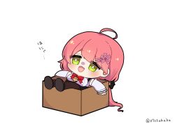 Rule 34 | 0725akaba, 1girl, ahoge, bell, black footwear, box, breasts, cardboard box, chibi, detached sleeves, green eyes, hair ornament, hairclip, highres, hololive, in box, in container, large breasts, long hair, long sleeves, neck bell, no nose, pantyhose, pink hair, red ribbon, ribbon, sakura miko, solo, twitter username, very long hair, virtual youtuber