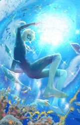Rule 34 | 1boy, alkaid mcgrath, arm up, barefoot, blonde hair, bodysuit, coral, diving suit, fish, from below, from side, full body, goggles, green eyes, hair between eyes, highres, lens flare, long sleeves, looking at viewer, looking to the side, lovebrush chronicles, male focus, male swimwear, medium hair, ocean, parted lips, phillyanna, solo, sparkle, sunlight, underwater, weibo logo, weibo watermark, wetsuit