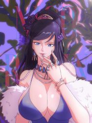 Rule 34 | 1girl, absurdres, black hair, blue dress, breasts, cleavage, dress, earrings, fur trim, gem, gown, hair ornament, hair scrunchie, highres, jewelry, large breasts, nail polish, necklace, nico robin, one piece, opalis, pearl necklace, ring, scrunchie