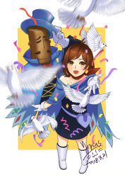 Rule 34 | 1girl, absurdres, ace attorney, apollo justice: ace attorney, bird, black skirt, blue cape, blue eyes, blue hat, brown hair, cape, confetti, dated, earrings, gloves, hat, heart, highres, iris@work, jewelry, magician, mr hat, orange background, outstretched hand, short hair, simple background, skirt, smile, solo, top hat, trucy wright, unworn hat, unworn headwear, white footwear, white gloves