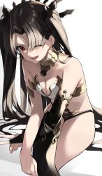 Rule 34 | 1girl, ;d, absurdres, bare legs, black gloves, black hair, black thighhighs, breasts, cleavage, commentary, earrings, elbow gloves, eyes visible through hair, fate/grand order, fate (series), gloves, highres, hoop earrings, ishtar (fate), jewelry, leotard, long hair, looking at viewer, medium breasts, necklace, one eye closed, open mouth, parted bangs, red eyes, revealing clothes, simple background, single glove, single thighhigh, sitting, smile, solo, star741, thighhighs, thighs, twintails, v, white background, white leotard