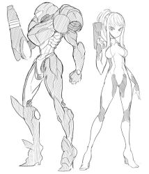 Rule 34 | 1girl, arm cannon, armor, bodysuit, breasts, breasts apart, clenched hand, dual persona, finger on trigger, from side, full body, gloves, greyscale, gun, handgun, helmet, high heels, high ponytail, holding, holding gun, holding weapon, impossible bodysuit, impossible clothes, ken (koala), legs apart, long hair, looking at viewer, medium breasts, metroid, monochrome, ponytail, power suit, samus aran, sidelocks, simple background, sketch, narrow waist, standing, turtleneck, varia suit, visor, weapon, white background, zero suit