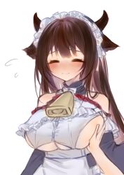 Rule 34 | 1girl, azur lane, bell, blush, grabbing another&#039;s breast, breasts, brown hair, closed eyes, cow horns, cowbell, frills, grabbing, highres, horns, kashino (azur lane), kashino (maid for mayhem) (azur lane), large breasts, long hair, maid, maid headdress, solo, sweatdrop, yueying su meng ling
