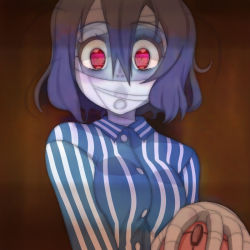 Rule 34 | 10s, 1girl, bandaged arm, bandaged head, bandages, black hair, blue skin, breasts, colored skin, eye reflection, indoors, konno junko, medium hair, mizuno ai, mouse (computer), open mouth, red eyes, reflection, solo, striped, t jiroo (ringofriend), zombie, zombie girl, zombie land saga