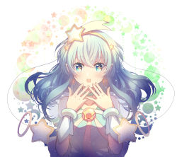 Rule 34 | 1girl, aqua hair, blue eyes, blush, brooch, choker, collarbone, commentary request, crescent, cure milky, earrings, hagoromo lala, hair ornament, hairband, hands up, jewelry, lazy orange, looking at viewer, magical girl, open mouth, precure, puffy short sleeves, puffy sleeves, see-through, shooting star hair ornament, short sleeves, solo, star-shaped pupils, star (symbol), star earrings, star hair ornament, star twinkle precure, symbol-shaped pupils, upper body, wrist cuffs