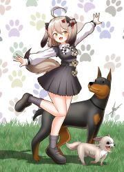 Rule 34 | 1girl, absurdres, ahoge, animal ears, b brodi, belt, biscuit (nikke), black dress, black socks, bone hair ornament, bow, bowtie, breasts, brooch, checkered bow, checkered bowtie, checkered clothes, dog, dog ears, dog girl, dog tail, dress, dress shirt, fangs, goddess of victory: nikke, grass, hair ornament, hair ribbon, heart, heart brooch, heart hair ornament, highres, jewelry, leg up, light brown hair, loafers, looking to the side, medium breasts, medium hair, outstretched arms, paw print, paw print background, pleated dress, puffy sleeves, ribbon, shirt, shoes, socks, solo, standing, standing on one leg, tail, yellow eyes
