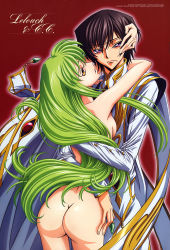 Rule 34 | 00s, 1boy, 1girl, absurdres, ass, black hair, breast press, breasts, c.c., cape, clothed male nude female, code geass, completely nude, couple, frown, green hair, hand on another&#039;s head, head tilt, hetero, highres, hug, jewelry, lelouch vi britannia, long hair, looking back, military, military uniform, nakatani seiichi, nude, official art, open mouth, pendant, purple eyes, short hair, sideboob, topless, turtleneck, uniform, very long hair, yellow eyes