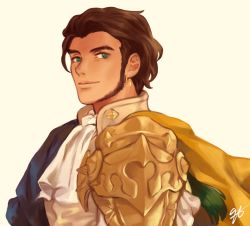 Rule 34 | 1boy, armor, beard, brown hair, cape, claude von riegan, earrings, facial hair, fire emblem, fire emblem: three houses, goldtectonic, green eyes, highres, jewelry, male focus, nintendo, aged up, pauldrons, portrait, shoulder armor, signature, smile, solo