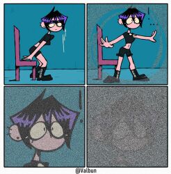 Rule 34 | !, 1girl, arrow (symbol), black footwear, black shorts, boots, comic, commentary, crop top, ear piercing, earrings, english commentary, eyeshadow, hair between eyes, half-closed eyes, highres, jewelry, makeup, midriff, navel, original, outstretched arms, piercing, purple eyeshadow, purple hair, short hair, short shorts, shorts, silent comic, solo, standing, static, stud earrings, toon (style), valbun, valbun (character)