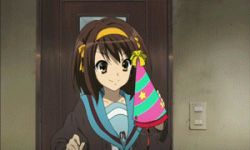 Rule 34 | 10s, animated, animated gif, brown hair, hat, lowres, party hat, smile, solo, suzumiya haruhi, suzumiya haruhi no shoushitsu, suzumiya haruhi no yuuutsu