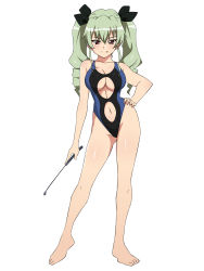 Rule 34 | &gt;:p, 10s, 1girl, :p, anchovy (girls und panzer), bare arms, bare legs, bare shoulders, barefoot, black one-piece swimsuit, black ribbon, blush, breasts, cleavage, closed mouth, clothing cutout, competition swimsuit, contrapposto, drill hair, girls und panzer, green hair, groin, hair ribbon, hand on own hip, highleg, highleg swimsuit, highres, holding, holding riding crop, kagemusha, large breasts, legs apart, long hair, looking at viewer, navel, navel cutout, one-piece swimsuit, red eyes, ribbon, riding crop, smile, solo, standing, stomach, swimsuit, toes, tongue, tongue out, tsurime, twin drills, twintails, underboob, underboob cutout, v-shaped eyebrows