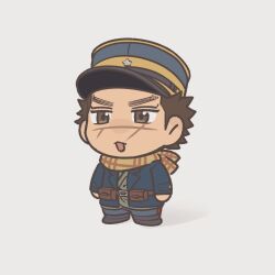 Rule 34 | 1boy, :d, chibi, facial scar, golden kamuy, hat, highres, imperial japanese army, kepi, looking ahead, male focus, military hat, open mouth, scar, scar on cheek, scar on face, scar on mouth, scar on nose, scarf, short hair, sideburns, smile, solo, standing, sugimoto saichi, tonta (tonta1231), two-tone headwear, v-shaped eyebrows, yellow hat, yellow scarf