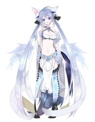 Rule 34 | 1girl, absurdly long hair, animal ears, aqua nails, arm at side, artist request, bad id, bad pixiv id, bell, blue eyes, braid, breasts, cape, cat ears, cleavage, criss-cross halter, feathers, fingernails, full body, fur trim, grey hair, hair ribbon, halterneck, highres, jewelry, large breasts, light smile, long fingernails, long hair, looking at viewer, applying manicure, midriff, nail polish, navel, parted lips, pelvic curtain, pendant, ribbon, sakura komachi, simple background, solo, tabard, thighhighs, very long hair, white background, white thighhighs
