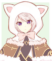 Rule 34 | 1boy, animal ears, animal hood, bow, brown capelet, brown hair, capelet, closed mouth, fake animal ears, fur-trimmed capelet, fur trim, green background, high priest (ragnarok online), highres, hood, hood up, light (luxiao deng), looking at viewer, male focus, pink bow, purple eyes, ragnarok online, solo, two-tone background, upper body, white background