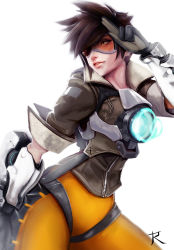Rule 34 | 1girl, bodysuit, bomber jacket, brown eyes, brown hair, freckles, gloves, goggles, highres, jacket, overwatch, overwatch 1, ryumi-gin, short hair, simple background, solo, thighs, tracer (overwatch), white background