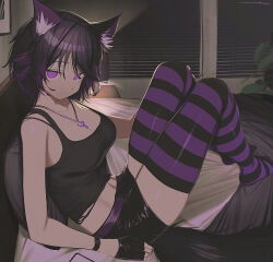 Rule 34 | 1girl, animal ear fluff, animal ears, belt, black gloves, black hair, black shorts, black tank top, breasts, cat ears, cat girl, cat tail, cleavage, closed mouth, colored inner animal ears, commission, fingerless gloves, gloves, heart, heart necklace, highres, indoors, jewelry, knees up, large breasts, looking at viewer, multicolored hair, necklace, no shoes, on bed, original, plant, purple belt, purple eyes, purple hair, short hair, short shorts, shorts, signal 1120, signature, sitting, skeb commission, smile, solo, streaked hair, striped clothes, striped thighhighs, tail, tank top, thighhighs, window blinds