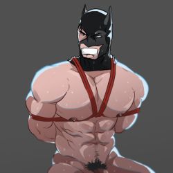 Rule 34 | 1boy, abs, bara, batman, batman (series), bdsm, biceps, black eyes, black hair, bondage, bound, dc comics, deny hanamura, gag, gagged, gagged male, improvised gag, male focus, muscular, muscular male, nude, out-of-frame censoring, pectorals, pubic hair, simple background, sitting, solo, sweat, tape, tape gag, tied to chair, yaoi