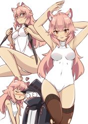 Rule 34 | 1girl, 1other, absurdres, ahoge, alternate costume, animal ears, arknights, armpits, arms up, black thighhighs, blush, breasts, doctor (arknights), dog ears, dog girl, dog tail, gravel (arknights), highres, holding, holding knife, knife, leotard, long hair, medium breasts, multiple views, pink hair, red eyes, simple background, smile, sudhiro sappurisa, tail, thighhighs, torn clothes, torn legwear, white background, white leotard, yellow eyes