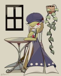 Rule 34 | 1girl, a-nya, artist name, blue dress, blue hat, blush, cabbie hat, clothed pokemon, colored skin, creatures (company), cup, disposable cup, dress, drink, drinking, drinking straw, female focus, flat chest, full body, game freak, gardevoir, gardevoir (cafe), gen 3 pokemon, green hair, green skin, hair over one eye, hand up, hat, highres, holding, holding cup, holding drink, ivy, legs, looking to the side, medium hair, multicolored skin, nintendo, on chair, one eye covered, plant, poke ball symbol, pokemon, pokemon (creature), pokemon unite, potted plant, red eyes, signature, sitting, sleeveless, sleeveless dress, solo, table, twitter username, two-tone skin, white skin, window