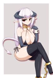 Rule 34 | 1girl, bare shoulders, blush, breasts, chain, cleavage, demon girl, demon horns, demon tail, highres, horns, huge breasts, long hair, looking at viewer, original, pointy ears, red eyes, sawati, sitting, smile, solo, demon girl, tail, thighhighs, yuna (sawati)