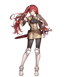 Rule 34 | 1girl, arm shield, black leggings, breasts, female focus, fire emblem, fire emblem awakening, fire emblem heroes, full body, highres, leggings, long hair, matching hair/eyes, medium breasts, nintendo, non-web source, official art, red eyes, red hair, severa (fire emblem), sheath, sheathed, solo, standing, sword, twintails, weapon