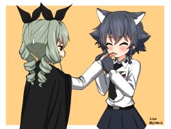 Rule 34 | 10s, 2girls, anchovy (girls und panzer), animal ears, animal hands, anzio school uniform, artist name, belt, black belt, black cape, black hair, black neckwear, black skirt, braid, cape, cat ears, closed eyes, closed mouth, commentary, dress shirt, drill hair, eating, emblem, feeding, food, girls und panzer, gloves, green hair, holding, holding food, jitome, kemonomimi mode, long hair, long sleeves, looking at another, miniskirt, multiple girls, necktie, one-hour drawing challenge, open mouth, pantyhose, paw gloves, pepperoni (girls und panzer), pleated skirt, red eyes, ruka (piyopiyopu), school uniform, shirt, short hair, side braid, skirt, smile, standing, sweatdrop, twin drills, twintails, twitter username, upper body, v-shaped eyebrows, white legwear, white shirt, wing collar