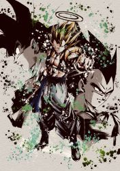 Rule 34 | 3boys, baggy pants, black vest, blonde hair, blue sash, bodysuit, boots, clenched hands, commentary request, dougi, dragon ball, dragonball z, full body, gogeta, halo, highres, ink wash painting, looking at viewer, metamoran vest, multiple boys, muscular, muscular male, outstretched arm, pants, sash, serious, shirt, simple background, smirk, son goku, spiked hair, spmjg7, standing, super saiyan, super saiyan 1, vambraces, vegeta, vest