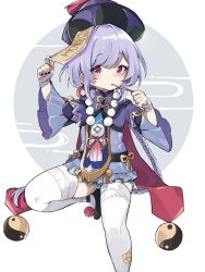 Rule 34 | 1girl, bandaged arm, bandaged leg, bandages, bead necklace, beads, braid, braided ponytail, chinese clothes, commentary request, deitaku, eating, food, genshin impact, hair between eyes, hat, highres, holding, holding food, holding pocky, jewelry, jiangshi, long hair, long sleeves, looking at viewer, low ponytail, necklace, ofuda, pocky, purple eyes, purple hair, qingdai guanmao, qiqi (genshin impact), shoes, sidelocks, simple background, single braid, sitting, solo, thighhighs, white background, white thighhighs, wide sleeves, zettai ryouiki