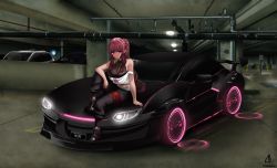 Rule 34 | 1girl, absurdres, blush, breasts, car, chu-e, english text, fishnet top, fishnets, hand on own leg, headlight, highres, hololive, hololive english, huge filesize, jacket, jewelry, knee up, large breasts, license plate, lights, long hair, looking at viewer, midriff, mori calliope, motor vehicle, navel, necklace, off shoulder, official alternate costume, official alternate hairstyle, on vehicle, pants, parking garage, parking lot, pink hair, ponytail, red eyes, see-through, sitting, skull print, solo, spoiler (automobile), sports car, tire, vehicle focus, virtual youtuber