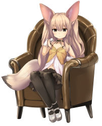 Rule 34 | 1girl, animal ears, black eyes, black pantyhose, breasts, brown hair, cleavage, commentary request, feet together, fox ears, fox tail, gloves, heart, highres, long hair, looking at viewer, navel, original, pantyhose, skirt, small breasts, solo, tail, white background, white footwear, white gloves, yoshizawa tsubaki
