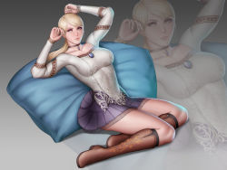 Rule 34 | 1girl, audia pahlevi, blonde hair, blue eyes, boots, breasts, capcom, demento, dress, female focus, fiona belli, knee boots, large breasts, looking at viewer, pillow, reclining, short dress, solo