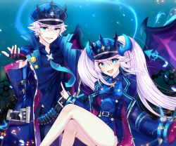 Rule 34 | 1boy, 1girl, :d, abysser (elsword), belt, black neckwear, blue background, blue coat, blue eyes, blue hat, blue shirt, blue theme, ciel (elsword), coat, earrings, elsword, fang, hat, highres, jewelry, legs, long hair, looking at viewer, luciela r. sourcream, necktie, open mouth, pointy ears, shirt, signature, sleeves past wrists, smile, timoria (elsword), twintails, twitter username, white hair, white neckwear, xes (xes 5377)