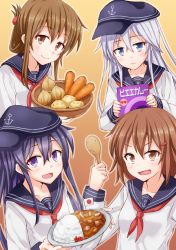 Rule 34 | &gt;:d, 10s, 4girls, :&lt;, :d, akatsuki (kancolle), anti (untea9), blush, brown eyes, brown hair, carrot, commentary request, curry, curry rice, fang, flag, folded ponytail, food, gradient background, hair ornament, hairclip, hat, hibiki (kancolle), highres, holding, holding plate, ikazuchi (kancolle), inazuma (kancolle), japanese flag, kantai collection, looking at viewer, mini flag, multiple girls, onion, open mouth, plate, potato, purple eyes, rice, shamoji, silver hair, simple background, smile, v-shaped eyebrows