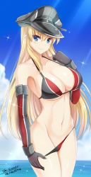 Rule 34 | 10s, 1girl, 2016, absurdres, adapted costume, arm at side, artist name, bikini, bikini pull, bismarck (kancolle), black gloves, blonde hair, blue eyes, blue sky, breasts, cleavage, clothes pull, collarbone, dated, day, elbow gloves, gloves, grey bikini, grey hat, groin, hat, highres, kantai collection, large breasts, light rays, long hair, navel, peaked cap, pulled by self, red bikini, sky, solo, stomach, summer, sunlight, swimsuit, the-sinner, very long hair
