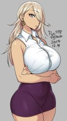 Rule 34 | 1girl, agawa ryou, arm under breasts, bare shoulders, blonde hair, closed mouth, collared shirt, commentary, crossed arms, dress shirt, earrings, english commentary, green eyes, grey background, hair over one eye, jewelry, long hair, makeup, miniskirt, office lady, original, shirt, skirt, sleeveless, sleeveless shirt, solo, swept bangs, thick thighs, thighs, white shirt
