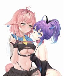 Rule 34 | 2girls, absurdres, ahoge, animal ears, artist name, bandaid, bandaid on face, bandaid on nose, blue eyes, blue hair, breasts, collar, ear piercing, el xox, highres, holding, holding leash, indie virtual youtuber, leash, melody (projektmelody), mole, mole on breast, multicolored eyes, multicolored hair, multiple girls, navel, necktie, parted lips, piercing, pink hair, purple hair, simple background, somegirllexi, tail, underboob, virtual youtuber, vshojo, white background, yellow eyes, yellow necktie, yuri