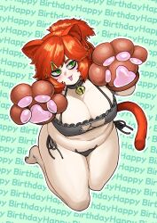 Rule 34 | 1girl, absurdres, animal ear fluff, animal ears, animal hands, bell, bikini, blush, breasts, cleavage, collar, commentary request, full body, gloves, green background, green eyes, grey bikini, hair ornament, hairclip, happy birthday, highres, jingle bell, large breasts, looking at viewer, medium hair, navel, neck bell, open mouth, orange hair, orange tial, original, outline, paw gloves, plump, raikomina, side-tie bikini bottom, solo, swimsuit, thick thighs, thighs, tsurime, white outline, yaseinoburo (artist)