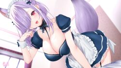 Rule 34 | 1girl, animal ear fluff, animal ears, apron, blush, breasts, cleavage, dress, drop.b, extra ears, fang, fox ears, fox girl, fox tail, frilled apron, frills, hair ornament, hair over one eye, highres, indie virtual youtuber, indoors, kamishiro natsume, kitsune, large breasts, looking at viewer, maid, maid apron, maid headdress, medium hair, open mouth, puffy short sleeves, puffy sleeves, purple hair, purple nails, red eyes, short sleeves, smile, solo, tail, virtual youtuber, waist apron, white apron, wrist cuffs