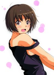 Rule 34 | 1girl, :d, amagami, bare shoulders, black tank top, blunt bangs, blush, brown eyes, brown hair, circle, commentary, from side, hair strand, highres, jishaku (user rcuz2843), looking at viewer, looking to the side, messy hair, no bra, open mouth, raised eyebrows, short hair, smile, solo, strap slip, tachibana miya, tank top, upper body, white background