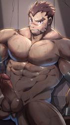 Rule 34 | 1boy, akashi (live a hero), bara, brown hair, completely nude, cuffs, erection, facial hair, feet out of frame, goatee, handcuffs, highres, large pectorals, live a hero, long sideburns, male focus, muscular, muscular male, nipples, nude, orange (agnimon11803164), pectorals, penis, red eyes, scar, scar on face, scar on nose, short hair, sideburns, solo, sweat, thick eyebrows, thick thighs, thighs, uncensored