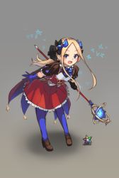 Rule 34 | 1girl, abigail williams (fate), animal, asymmetrical gloves, black bow, black gloves, blonde hair, blue bow, blue butterfly, blue eyes, blue gloves, blue pantyhose, blush, bow, brown footwear, bug, butterfly, cosplay, fate/grand order, fate (series), forehead, frilled skirt, frills, full body, gloves, grey background, hair bow, holding, holding staff, insect, leaning forward, leonardo da vinci (fate), leonardo da vinci (fate/grand order), leonardo da vinci (rider) (fate), leonardo da vinci (rider) (fate) (cosplay), loafers, long hair, looking at viewer, mismatched gloves, miya (miyaruta), open mouth, pantyhose, parted bangs, puff and slash sleeves, puffy short sleeves, puffy sleeves, red skirt, saint quartz (fate), shadow, shoes, short sleeves, sketch, skirt, smile, solo, staff, standing, v-shaped eyebrows, very long hair